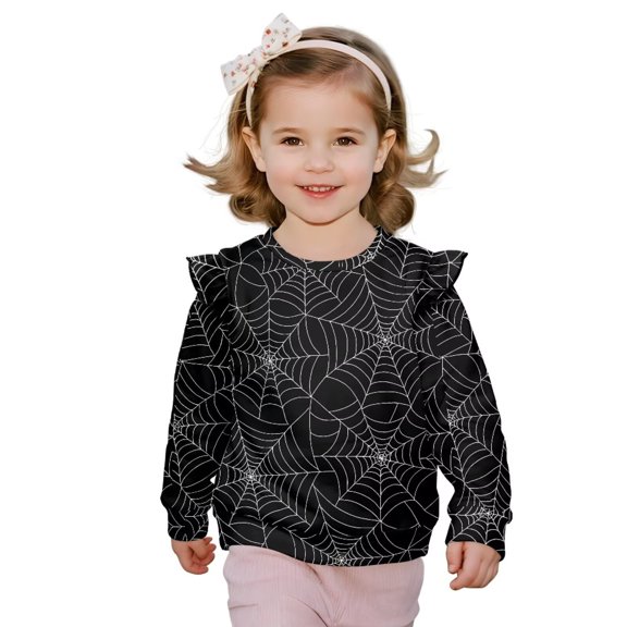 Yuyamidu Toddler Girl Halloween Costume 2t Black Spider Web Print Crewneck Sweatshirt Ruffle Long Sleeve Top Soft Lightweight Pullover Sweatshirts