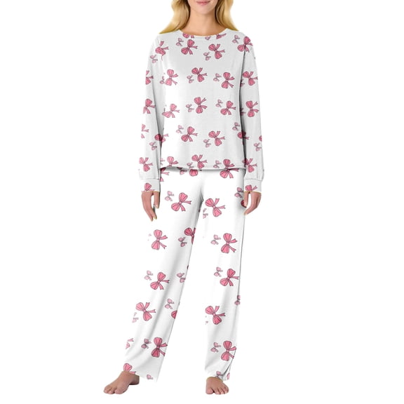 Garbnen Valentines Pajamas for Women Set Bow Print Crew Neck Long Sleeve Tops and Full-Length Pajama Pant Spring Summer Pjs Lounge Set
