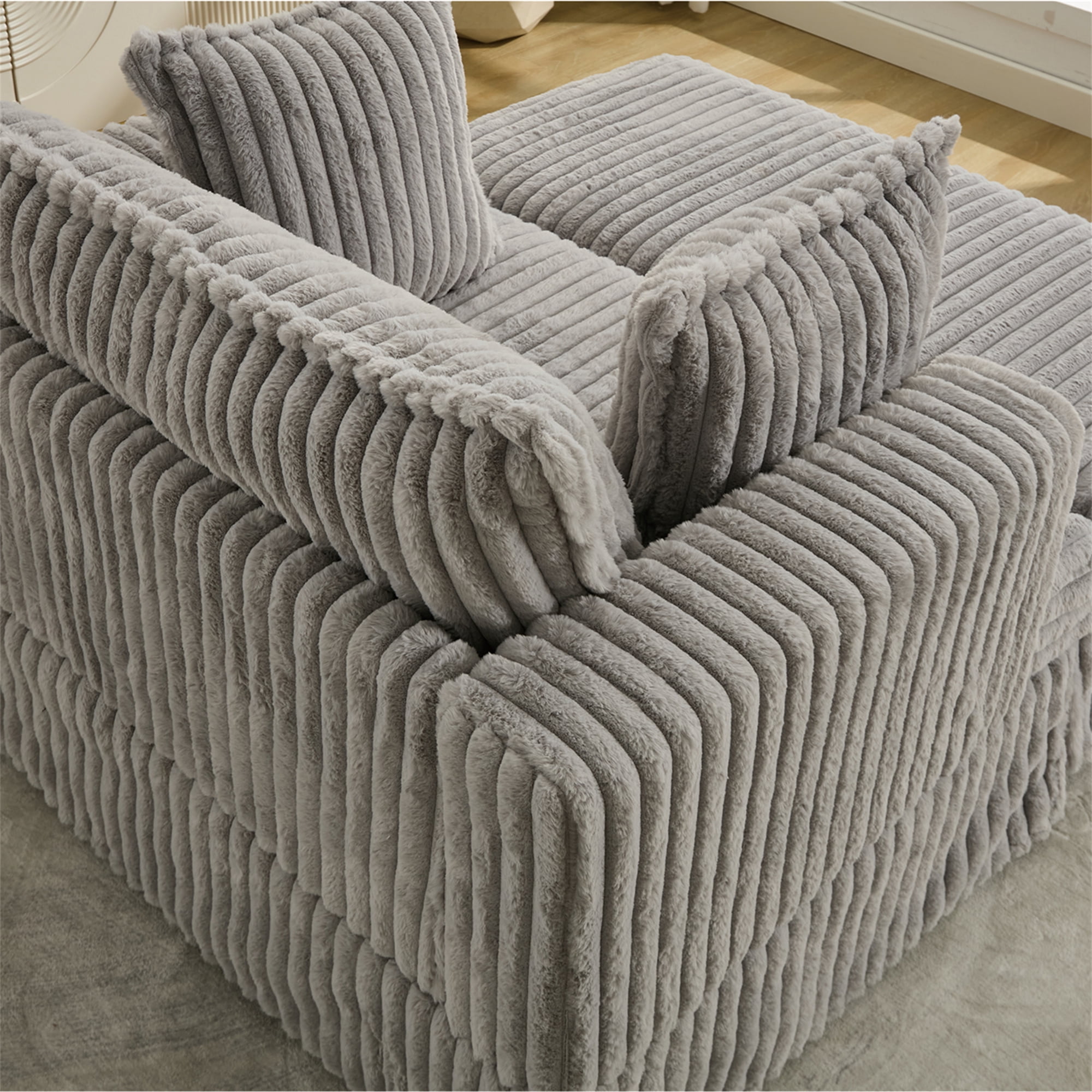 Aukfa 48" inch Chaise Lounge, Oversized Sofa Chair with Ottoman, 3 Pillows, Corduroy, Light Gray