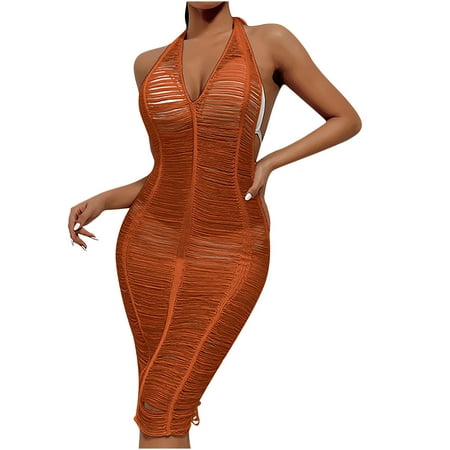 

Dresses for Women White Dress Women Sexy V Neck Beach Pure Hollow Weave Slimming Hem Cover Up Sleeveless Dress Dresses for Women Sequin Dress for Women Savings Clearance Orange M