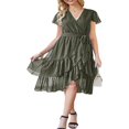 thumbnail image 2 of Femmes Boho Manches Courtes V Robe de Cou Casual Ruffle Wrap Swing Plage Sundress Été Mousseline de Soie Parti Midi Robe avec Ceinture, 2 of 5