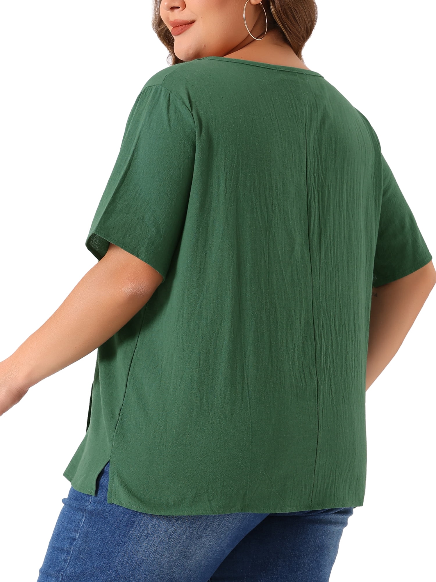 Women's Plus Top Short Sleeve Crew Neck Cotton Linen Blouses Top T Shirt 3X Army Green