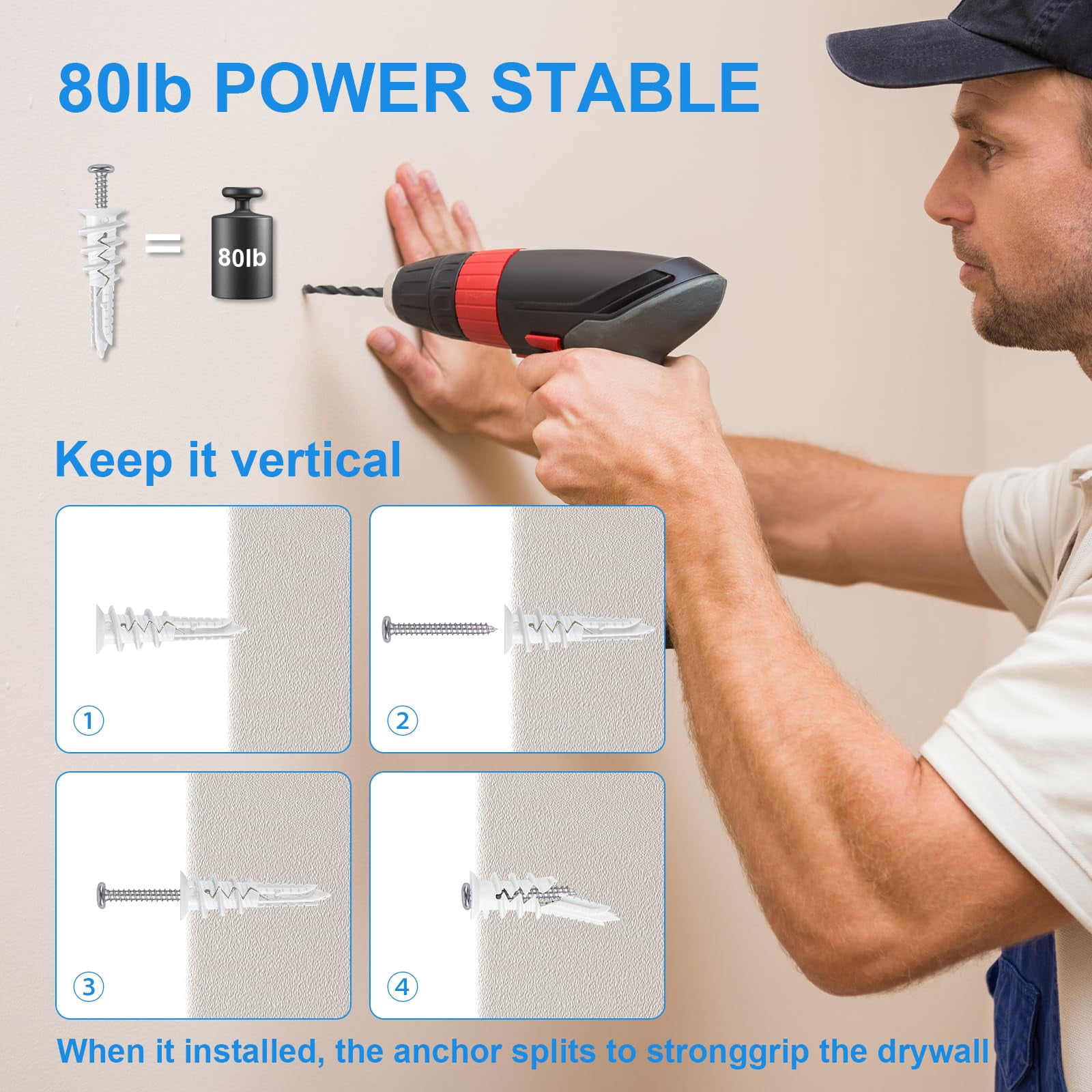 100PCS Self Drilling Drywall Anchors and Screws kit,Heavy Duty #8 x 1-1/4”Wall Anchors for Drywall Holds Upto 80lbs, No Drill Hole Required with Dry Wall Screws and Anchors,Wall Anchors for Drywall