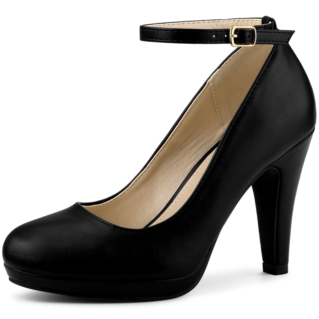 Unique Bargains Women s Round Toe Ankle Strap Stiletto High Heels Pumps Black Pu Us 6.5 Other 6.5