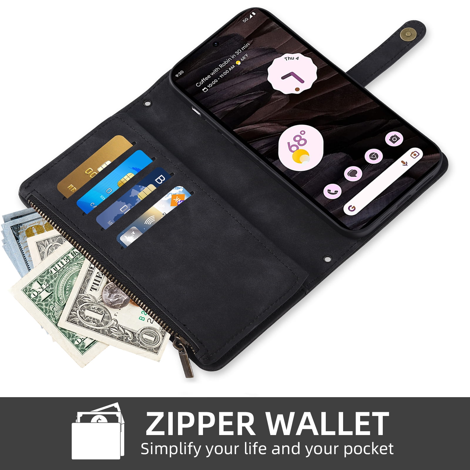 Asuwish Phone Case for Google Pixel 7A 5G 2023 Wallet Cover With Tempered Glass Screen Protector Crossbody Wrist Strap Flip Pattern Zipper Credit Card Holder Stand Cell Pixel7A A7 Women Men Black