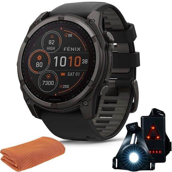 Garmin 010-02906-10 Fenix 8 47 mm Solar Sapphire Carbon Gray DLC Titanium with Black/Pebble Gray Bundle with Workout Cooling Sport Towel and Wearable Commuter Front and Rear Safety Light