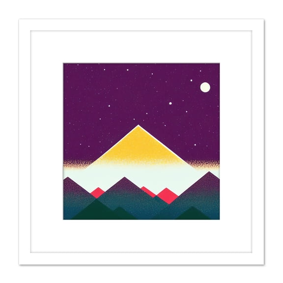 Abstract Purple Sky Pyramid Mountains Moon Stars Painting Square Wooden Framed Wall Art Print Picture 8X8 Inch