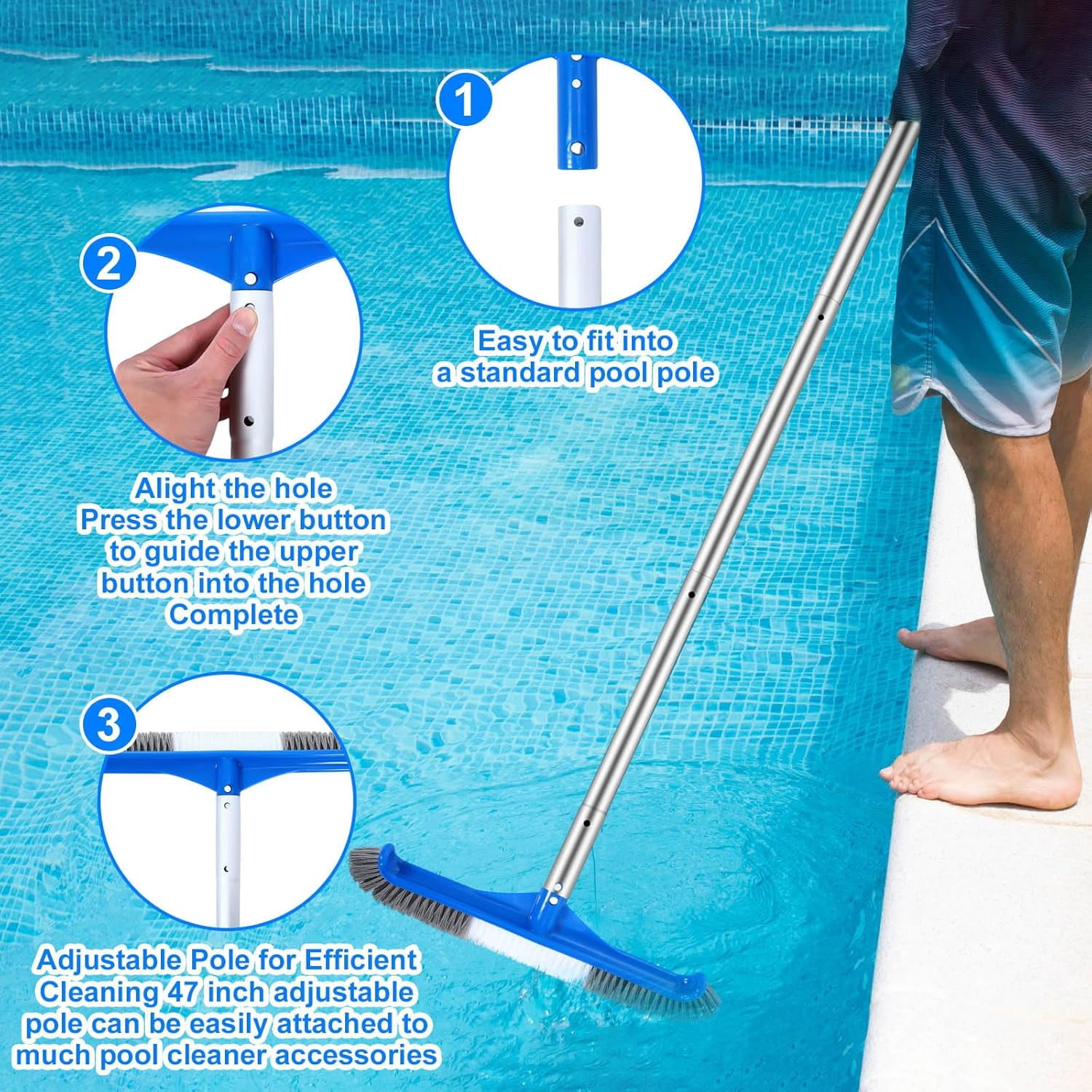 Katinyos 4 Pcs Swimming Pool Cleaning Kit, Pool Maintenance Kit with Pool Cleaning Brush Scrubbing Scouring Sponge Pad Skimmer Leaf Net and Aluminum Pole, for Above Ground Pools, Ponds, Hot Tubs