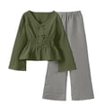 thumbnail image 2 of SGFCWSX Girls 2 Piece Outfits Bell Sleeve V Neck Peplum Tops Striped Wide Leg Pants Casual Clothes Set Green Size 13, 2 of 8