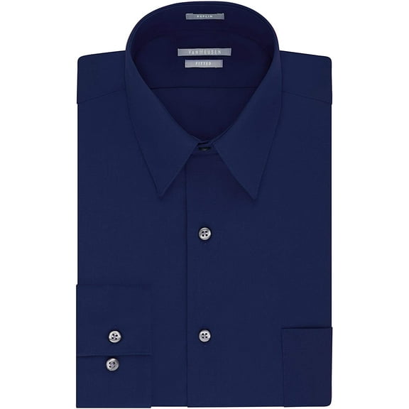 Van Heusen Mens Dress Shirt Fitted Poplin Solid 17 Neck 32-33 Sleeve Persian Blue