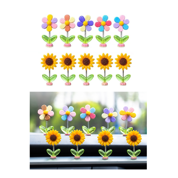 10-Pack Spring Wobbly Flower Car Dashboard Decorations, Shaking Sunflower Car Accessories Set for Women, Cute Rearview Mirror & Interior Decor