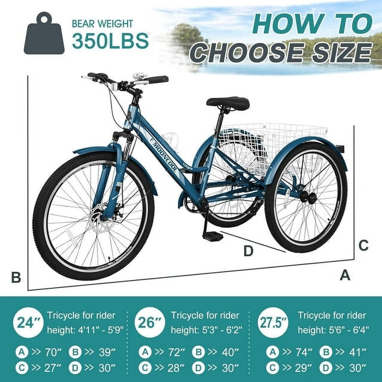 Lilypelle Adult Mountain Tricycle 24/26 Inch Low step through Mountain Bike Cruiser Trikes for Adults 7 Speed Three Wheel Trike Bicycle with Large Basket