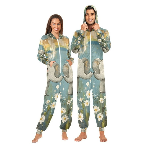 Elephants and Rainbows Flowers Adult Onesie Pajamas Slim Fit Christmas One Piece Suit Pjs for Women and Men Hooded Zipper