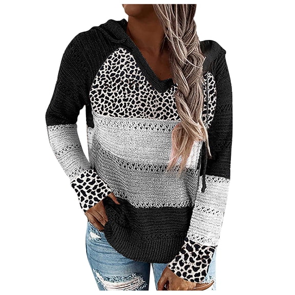 Aoochasliy Womens Sweaters Pullover Clothes Leopard Patchwork V-Neck Hooded Sweater Blouse Tops
