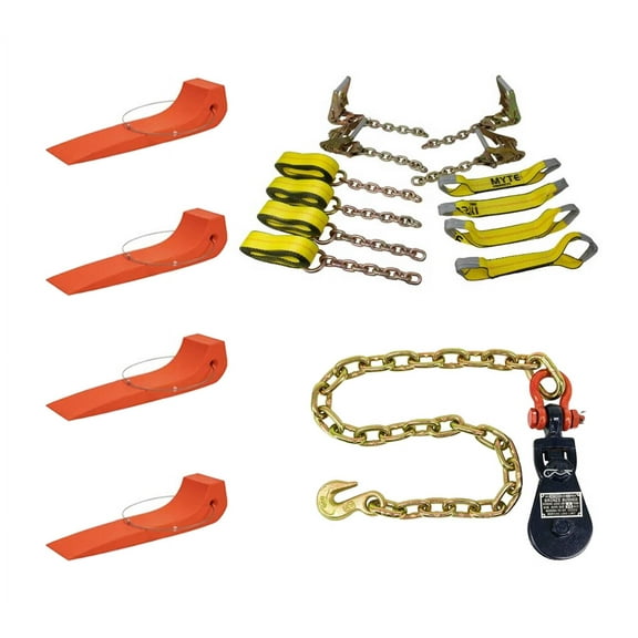 8 Point Roll Back Tie Down Kit w/ 2 Ton Snatch Block Chain and 4 Pcs Tire Skates for Tow Truck