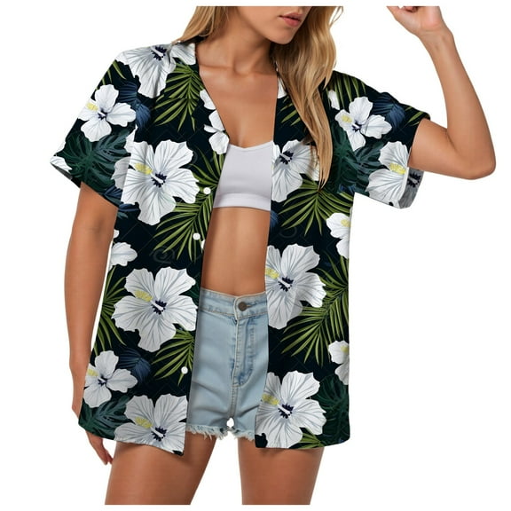 Pimfylm Hawaiian Shirts for Women Hawaii Tropical Button Down Tops Summer Beach Vacation Outfits Floral Short Sleeve Blouses AG, XXL