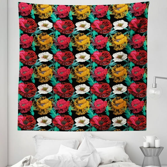 Floral Tapestry, Detailed Watercolor Painted Poppy Petals Ethnic Flowers on Dark Back, Fabric Wall Hanging Decor for Bedroom Living Room Dorm, 5 Sizes, Charcoal Grey Multicolor, by Ambesonne