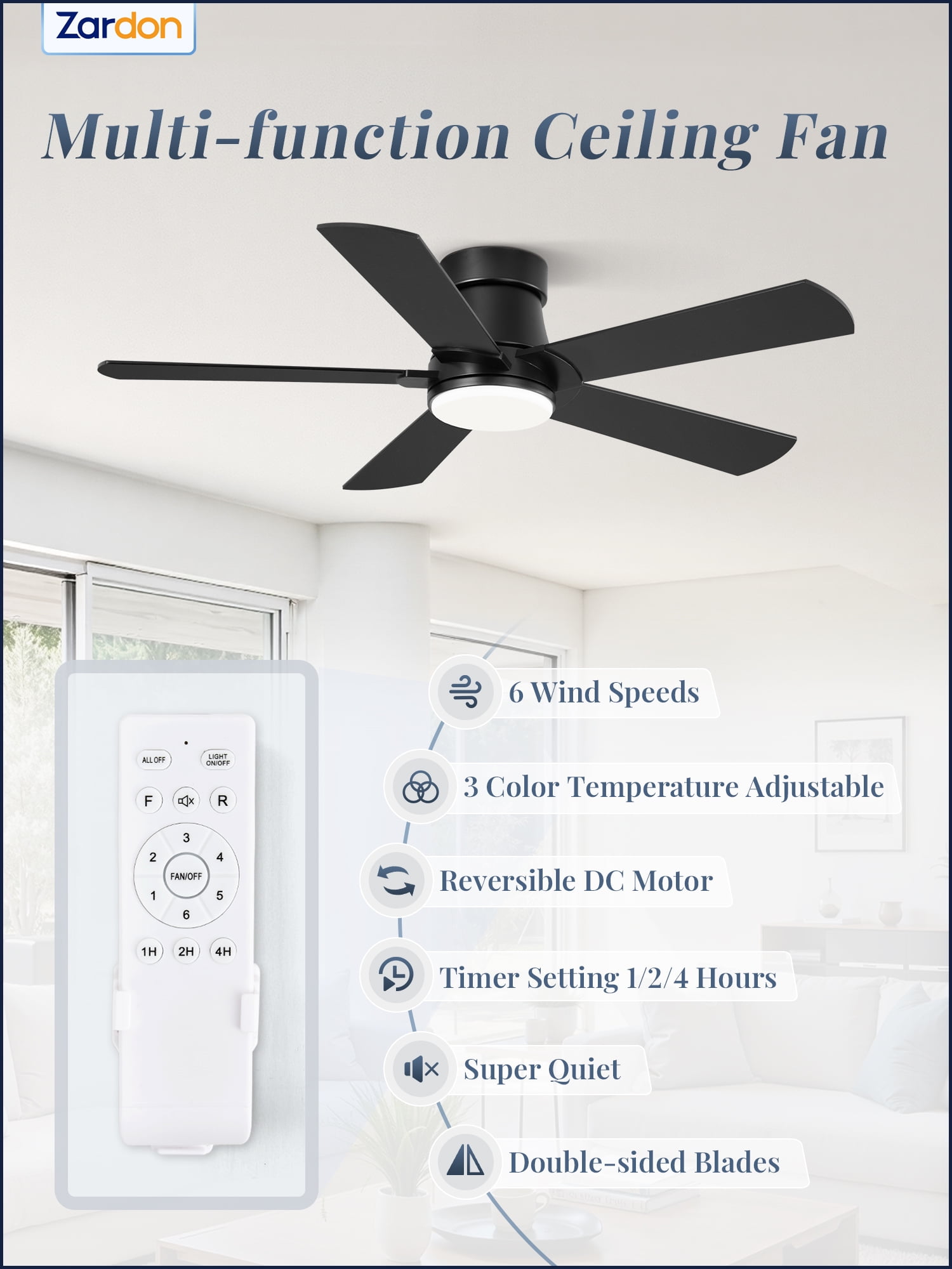 Zardon Ceiling Fans with Lights and Remote, 42in Low Profile Flush Mount Ceiling Fan with 6 Reversible Speeds for Bedroom Indoor, Black