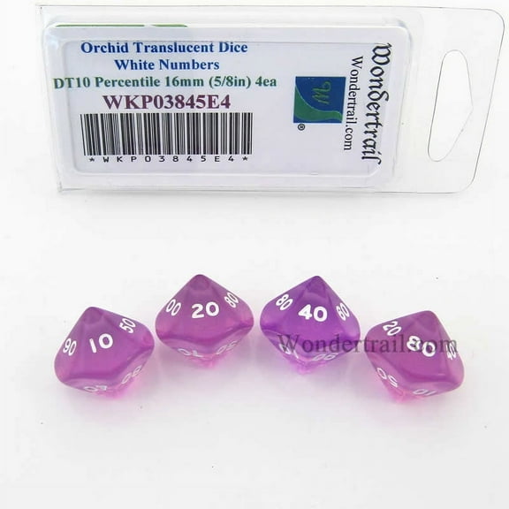 Orchid Transparent Dice with White Numbers DT10 16mm (5/8in) Pack of 4 Wondertrail