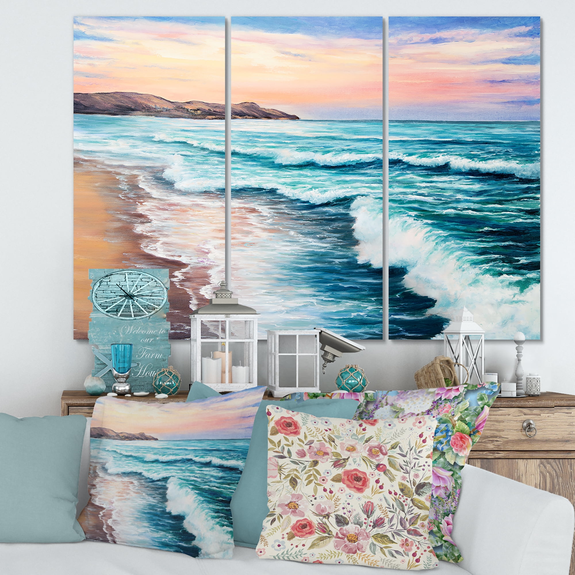 Designart ' Sunrise Glow On The Ocean Waves III ' Nautical & Coastal Canvas Wall Art Print