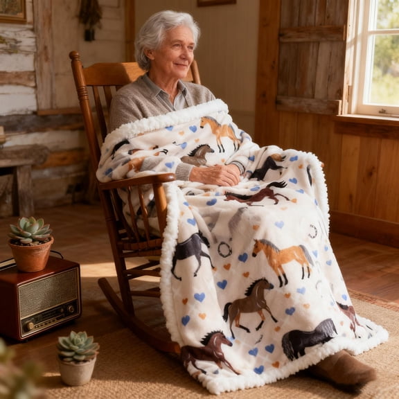 VAJUSO Printed Sherpa Blanket – 50.00 × 59.84 in (127 × 152 cm) fall/winter warm nap blanket, Year of the Horse sofa throw Home Decoration