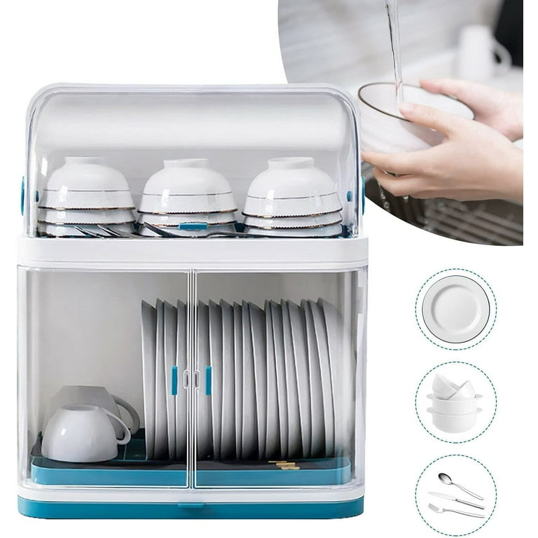 FETCOI Dish Drying Rack with Transparancy Shield Modern Dish Organizer  Dust-Proof Kitchen Utility Storage Drainer Box with Detachable Drip Tray  for