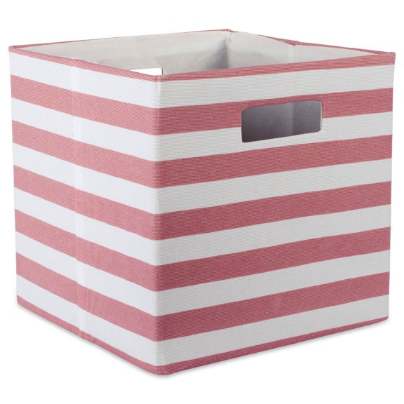 Rose Pink Polyester Cube Storage Bin with Striped Design 13"