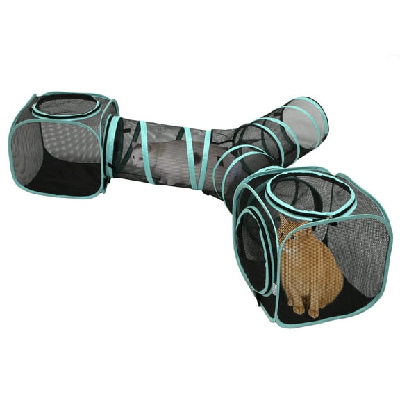 Kitty City 3-Way Tunnel for Cars, Indoor & Outdoor Use, Multiple Openings, Zip Doors, Mesh, Black & Teal, 72" x 15"