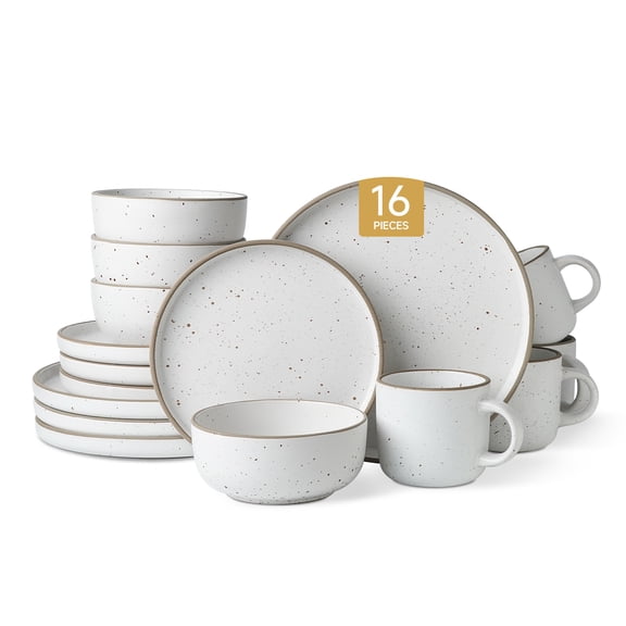 KINGSTONE 16-Piece Stoneware Dinnerware Set, Service for 4, Speckled Dishes with Neutral Taupe Rim, Plates, Bowls & Mugs, Microwave & Dishwasher Safe