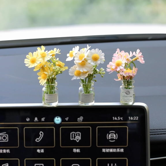 Daisy Flower Car Accessories for Women Interior Aesthetic, 3 Pcs Cute Car Dashboard Decorations