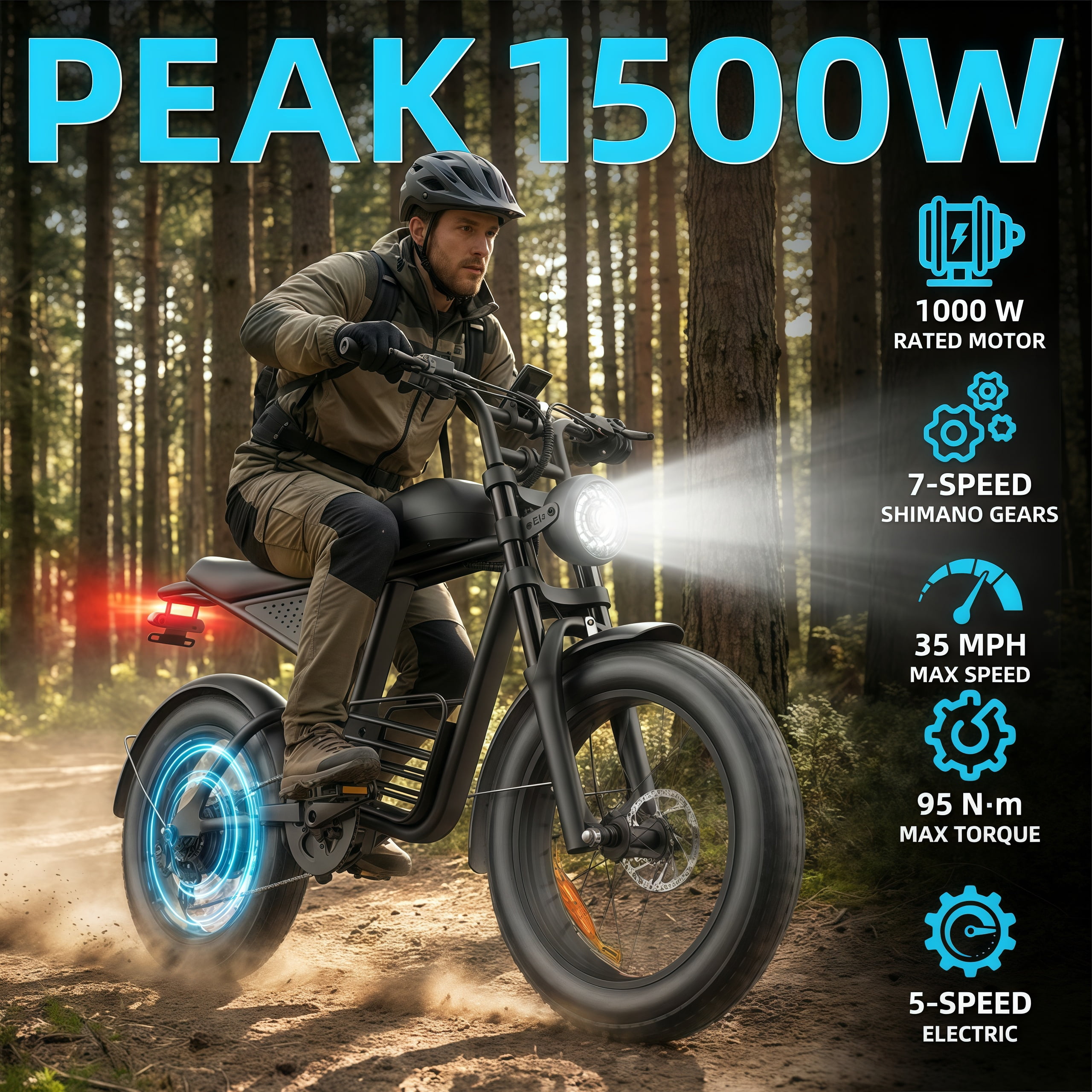 Kvaileqx Electric Bike for Adults, 1500W E-Mountain Bike, 35MPH, 40-60 Miles Range, 48V 20AH, 20" Fat Tire off-road Ebike, UL2849