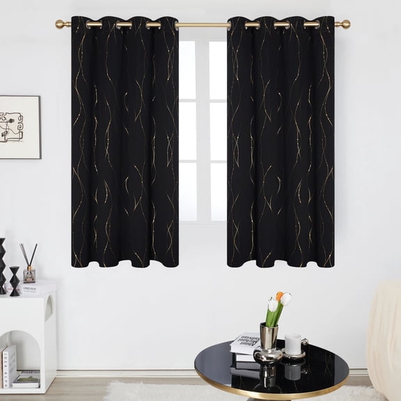 Deconovo Window Curtains Wave Line with Dots Gold Foil Print Design Grommet Blackout Curtains for Kitchen 52 x 45 inch Black 2 Panels