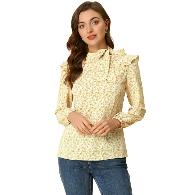 INSPIRE CHIC Women's Side Bow Tie Neck Long Sleeve Floral Ruffled Blouse