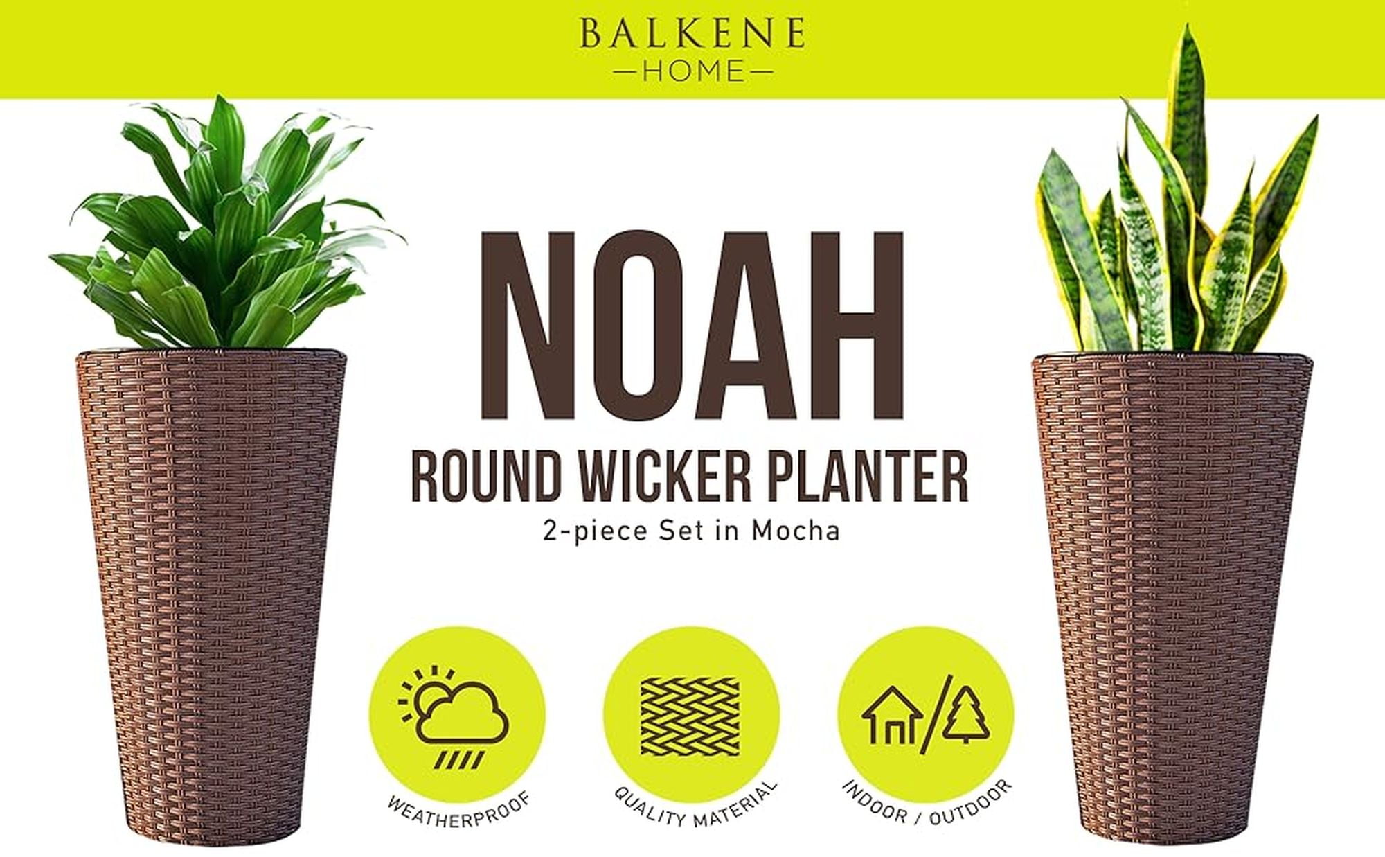 Noah Round Wicker Planter Tall Planter Decor Box for Outdoor Furnishings Versatile-2 Piece Set-Mocha