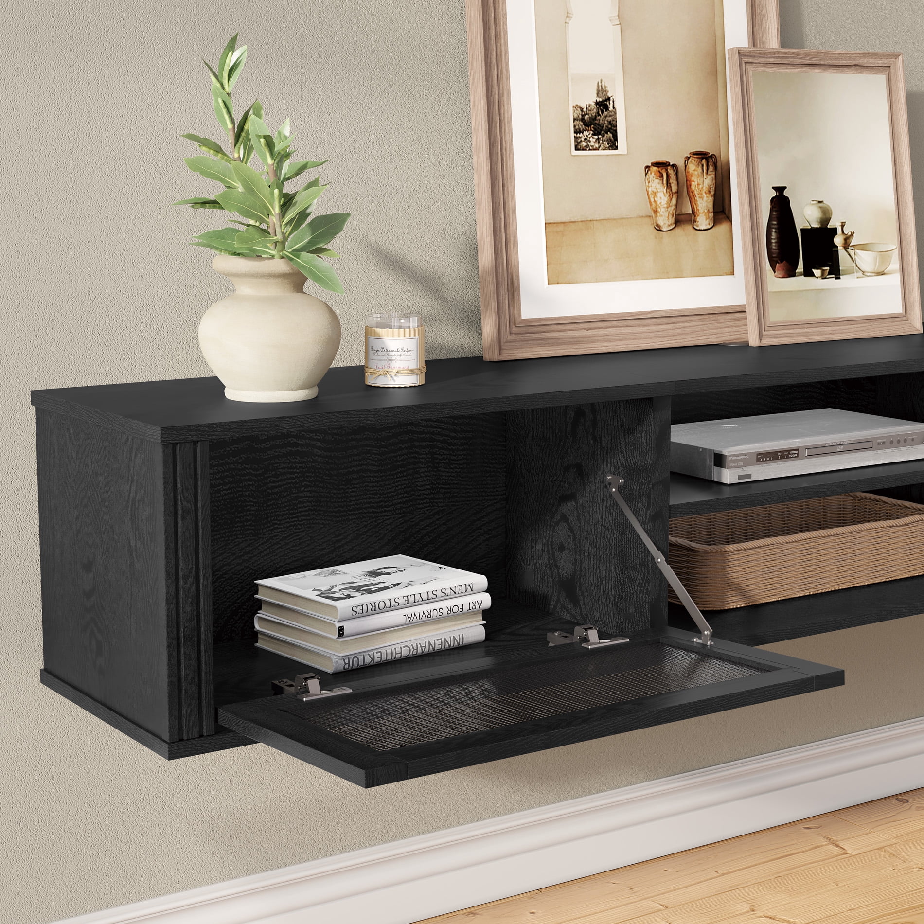 Floating TV Stand with Power Outlet and Rattan Doors，Black