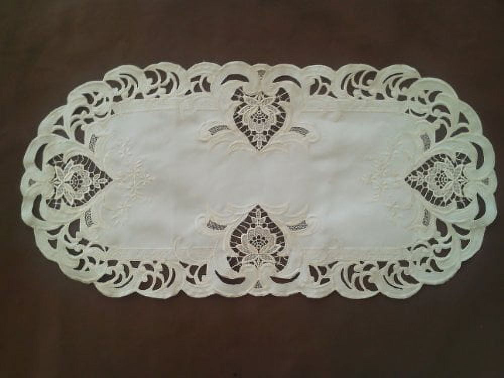 Doily Boutique Table Runner with Ivory Lace Insets on Ivory Fabric, Size 44 x 15 inches