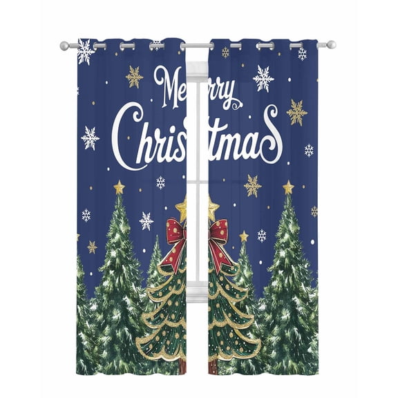 Navy Blue Christmas Sheer Curtains 84 Inch Length 2 Panels Set for Living Room/Bedroom, Green Xmas Tree Snowflake Winter Kitchen Curtains Grommet Semi-Sheer Curtains Window Treatments 42"x84"x2