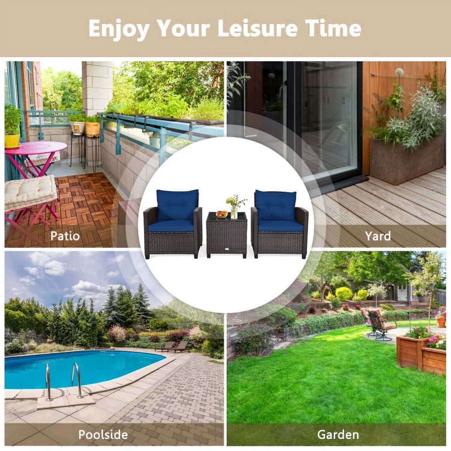 Aimee Lii 3 Pieces Wicker Patio Furniture Set, Coffee Table Cushioned Sofa, Modern Patio Furniture, Navy Aimee Lii 3 Pieces Wicker Patio Furniture Set, Coffee Table Cushioned Sofa, Modern Patio Furniture, Navy