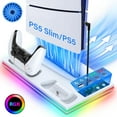 thumbnail image 1 of Support et Station de Refroidissement pour PS5/PS5 Slim avec Station de Recharge pour Manettes, 10 Lumières RVB Accessoire de Refroidisseur PS5 Incluant Ventilateur de Refroidissement à 3 Étapes/moyeu USB pour Consoles à Disque/numériques, 1 of 9