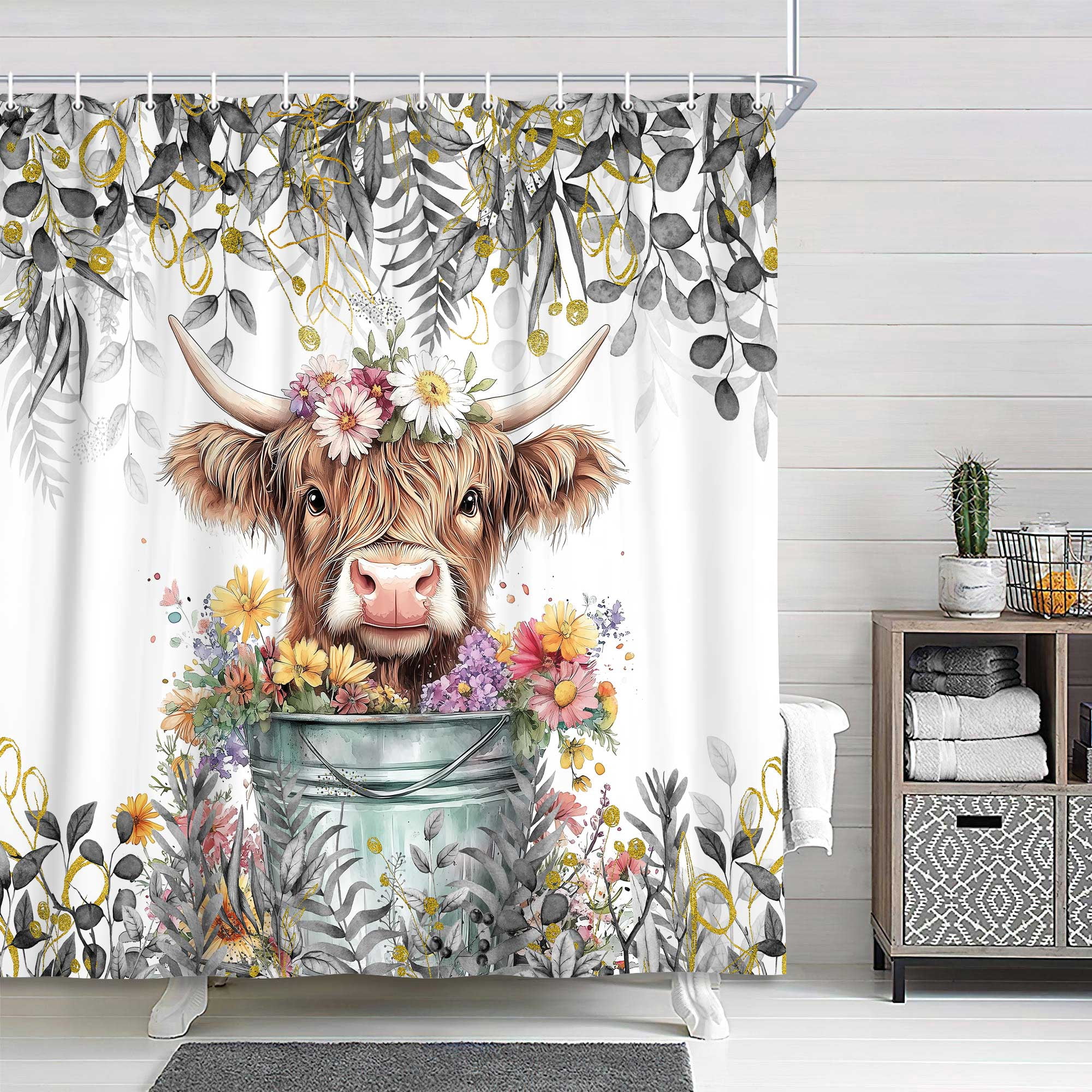 Gray Grey Eucalyptus Highland Cow Shower Curtain, Watercolor Plant Leaves with Floral Farmhouse Bath Curtain, Funny Animals Bathroom Accessories Botanical for Bathroom Curtain Set with Hooks, 72X72in