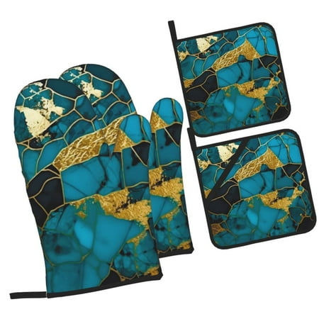 

Zeuib Watercolor Blue Marbled Oven Mitts and Potholders BBQ Gloves Kitchen Oven Glove High Heat Resistant 500 Degree Extra Long Oven Mitts and Potholder with Non-Slip Silicone Surface for Cooking