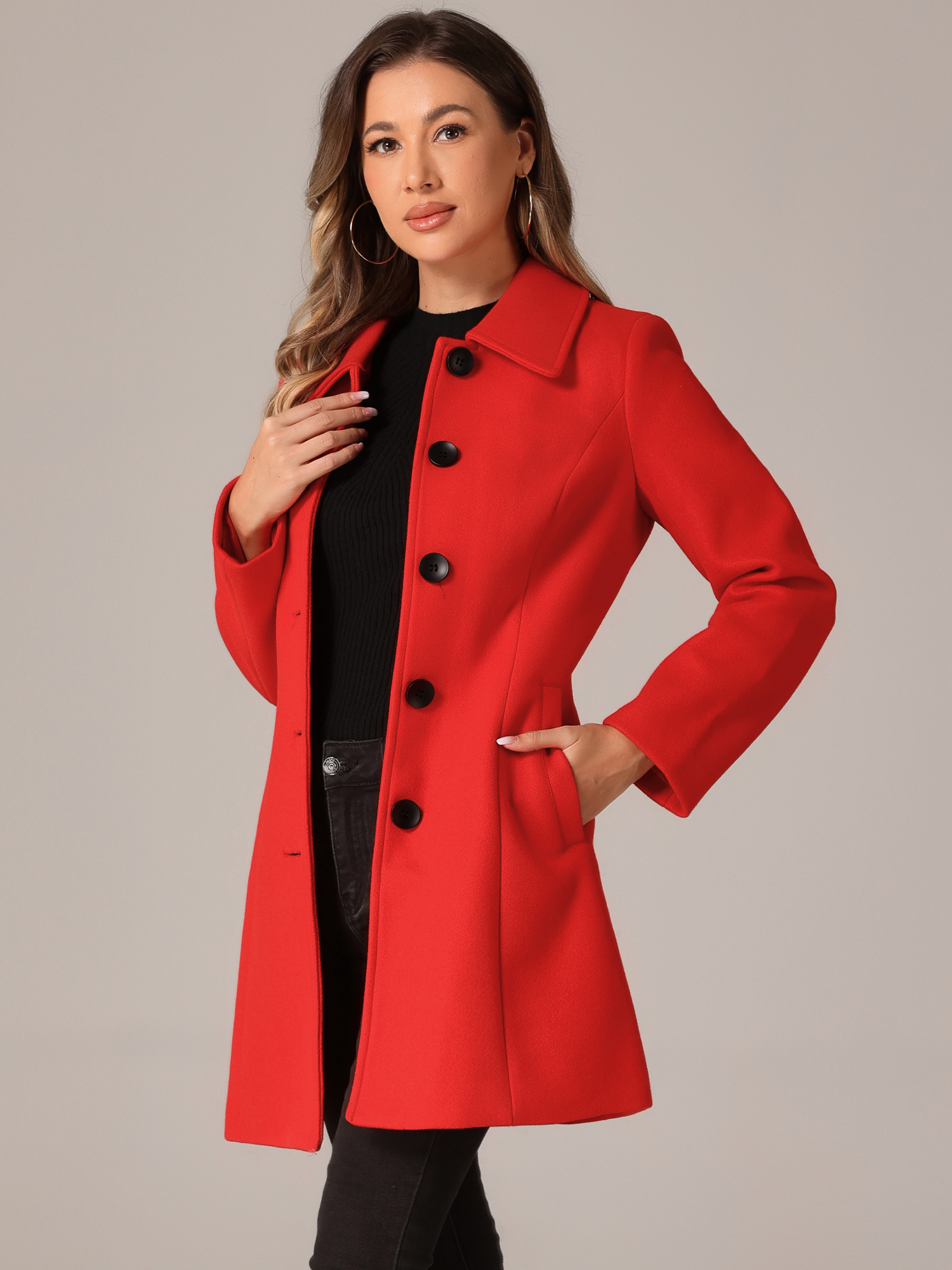 DARING DIVA Women's Casual Winter Single Breasted Mid Length Overcoat Red S