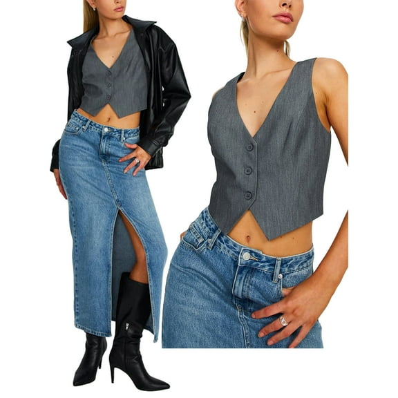 Women Casual Suit Vest Sleeveless V Neck Button Vest Tops Solid Color Regular Fitted Vests Waistcoat