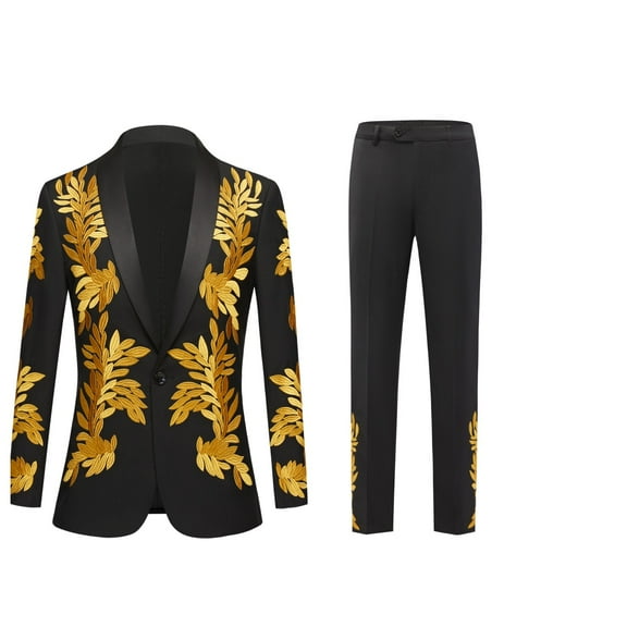 Mens embroider 2 Piece Suits Black Slim Fit Peaked Lapel One Button Tuxedo Wedding Dinner Jacket Trousers Set