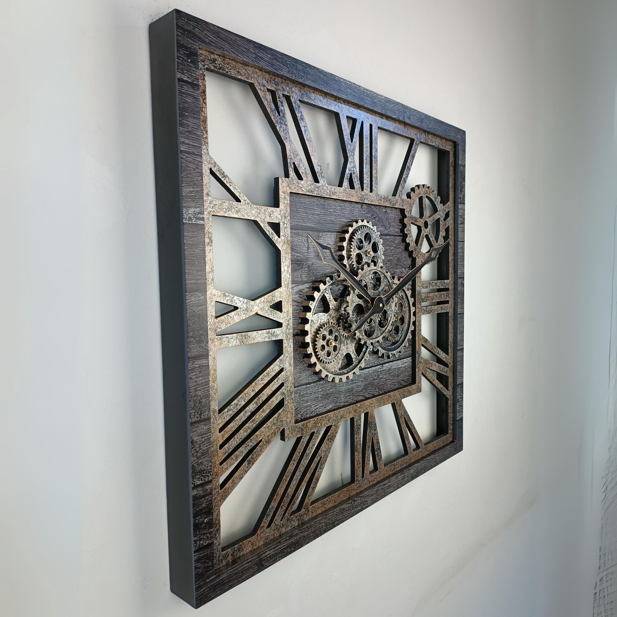THE GEARS CLOCK Wall Clock with Real Moving Gears AM-LI_ 24 in Square Carbon-Grey