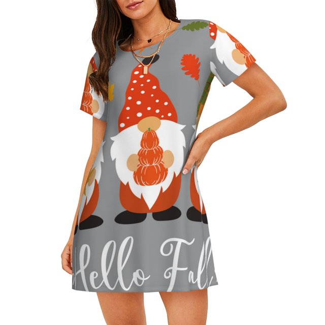 Vsdgher Bonjour Automne Motif Gnomes Chemise de Nuit à Manches Courtes pour Femmes Col Rond Mignonne Robe de Nuit à Volants Confortable
