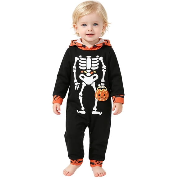 Baby Halloween Skeleton Jumpsuit Infant Pumpkin Hooded Onesie Funny Romper, Toddler Boys Girls Long Sleeve One Piece Loose-Fit Cute Zip up Festival Outfit for Halloween Parties Trick-or-Treating