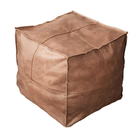 yuksok Pouf Marocain en Cuir PU Brodé Artisanat Tabouret Ottoman Repose-Pieds Nordique Cuir Artificiel Coussin Non Rembourré Café Carré