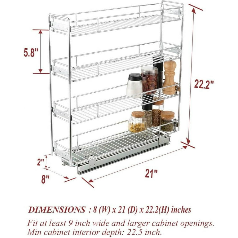 4 Tier Pull Out Kitchen Cabinet Spice Rack Holder Shelves 8 W x 21 D Slide Out Slim Storage Wire Baskets for Storage Organization Narrow Pull Out Storage for Narrow Space Walmart