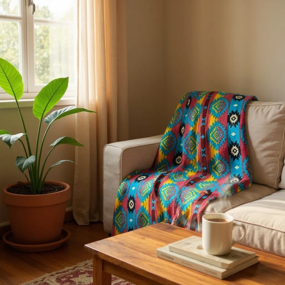 Printed Sherpa With Solid Arctic Fleece Throw Blanket – 60 × 70 Inch,Turquoise